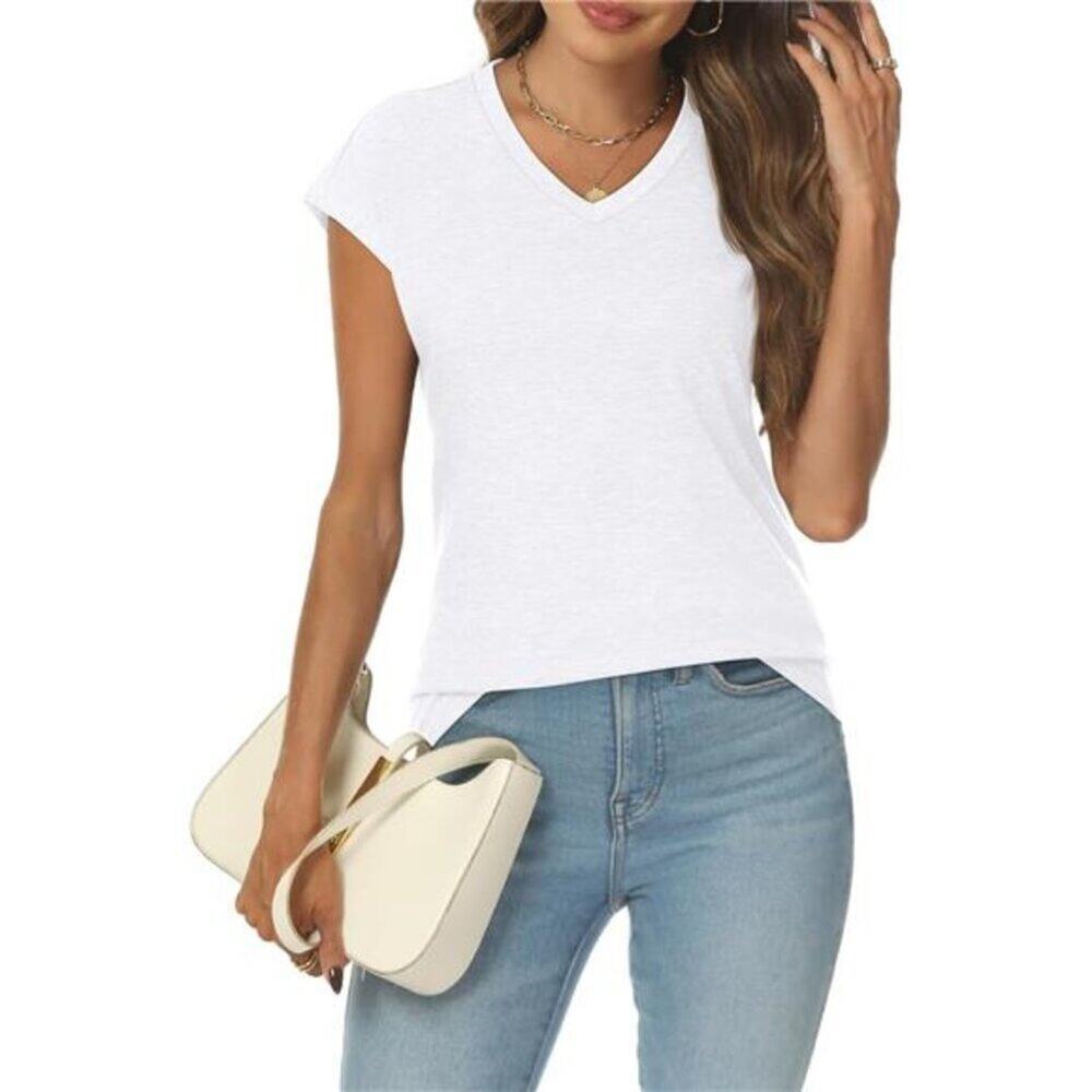 Women’s V Neck White T-Shirt – Basic Business Casual Top with Very Short Sleeves
